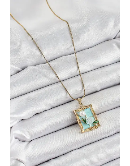 316L Çelik Zincir Turkuaz Sanatsal Portre İnci Detaylı Gül Figürlü Model Gold Renk Kadın Kolye