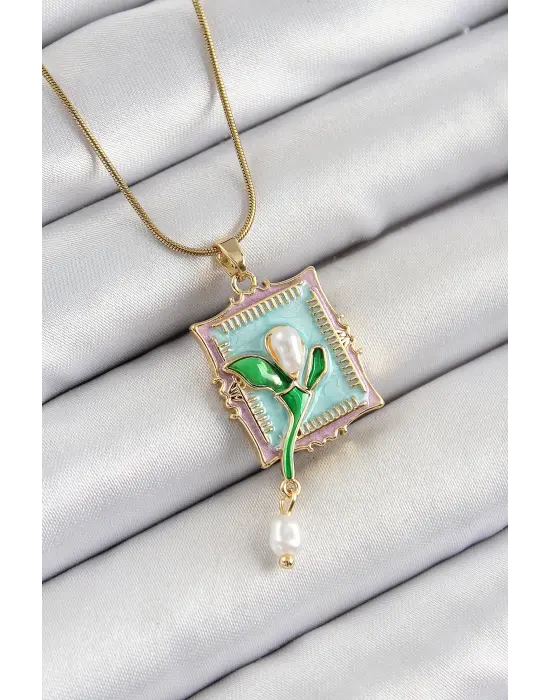 316L Çelik Zincir Turkuaz Sanatsal Portre Sallantılı İnci Detaylı Lale Model Gold Renk Kadın Kolye