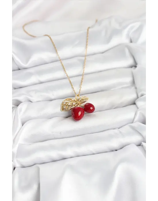 316L Çelik Zincir Yapraklı Kiraz Model Gold Renk Kadın Kolye