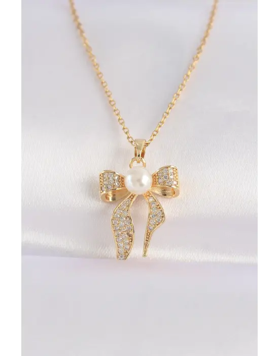  Zincir Zirkon Taşlı Altın  İnci Detaylı Fiyonk Çelik Kolye