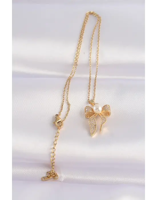  Zincir Zirkon Taşlı Altın  İnci Detaylı Fiyonk Çelik Kolye