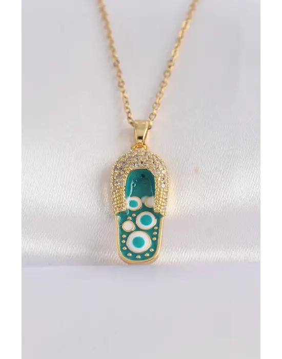  Zincir Zirkon Taşlı Altın  Nazarlı Terlik Tasarımlı Çelik Kolye