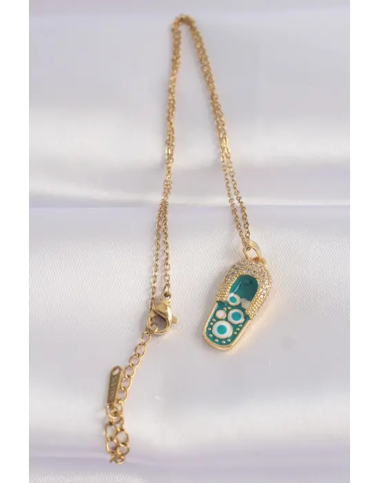  Zincir Zirkon Taşlı Altın  Nazarlı Terlik Tasarımlı Çelik Kolye