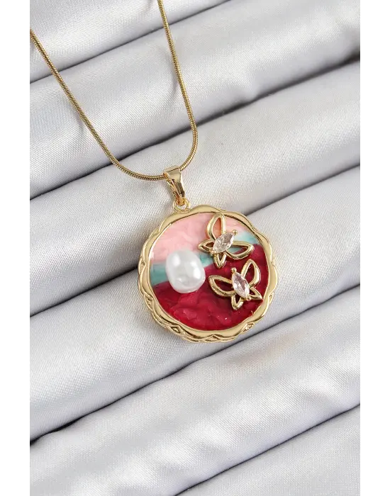 316L Çelik Zincir Zirkon Taşlı Asorti Sanatsal Portre İnci Detaylı Kelebek Figürlü Model Gold Renk Kadın Kolye