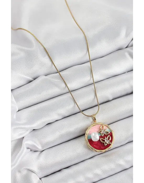 316L Çelik Zincir Zirkon Taşlı Asorti Sanatsal Portre İnci Detaylı Kelebek Figürlü Model Gold Renk Kadın Kolye