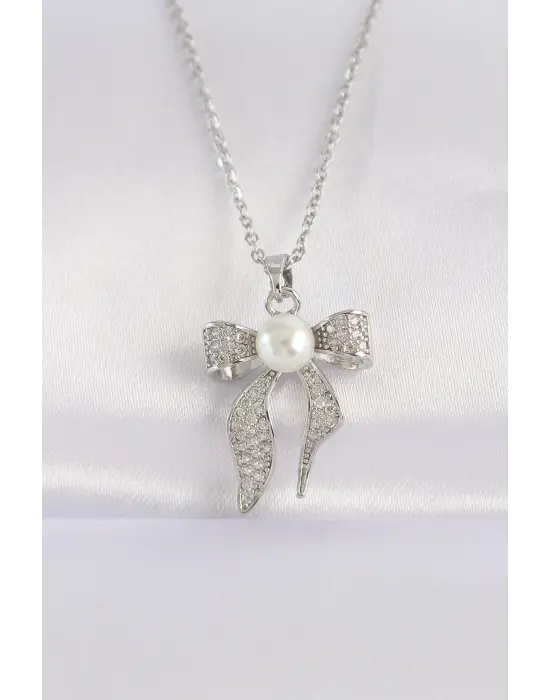  Zincir Zirkon Taşlı Gümüş  İnci Detaylı Fiyonk Çelik Kolye