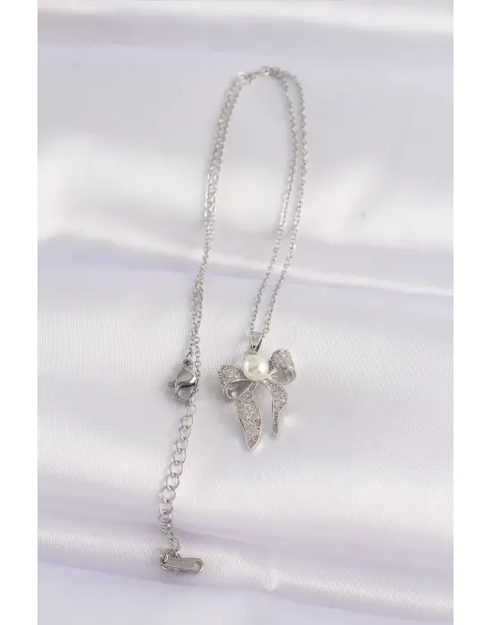  Zincir Zirkon Taşlı Gümüş  İnci Detaylı Fiyonk Çelik Kolye