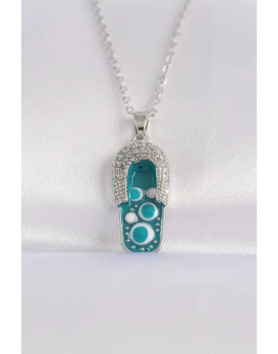  Zincir Zirkon Taşlı Gümüş  Nazarlı Terlik Tasarımlı Çelik Kolye