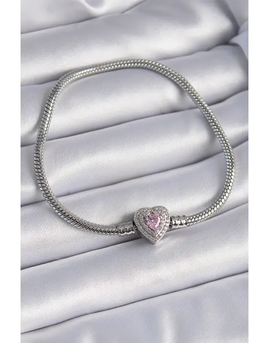 316L Çelik Zincir Zirkon Taşlı Kalp Figür Charm Model Kadın Bileklik