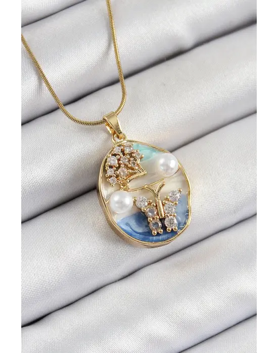 316L Çelik Zincir Zirkon Taşlı Mavi Beyaz Sanatsal Portre İnci Detaylı Ağaç Ve Kelebek Figürlü Model Gold Renk Kadın Kolye