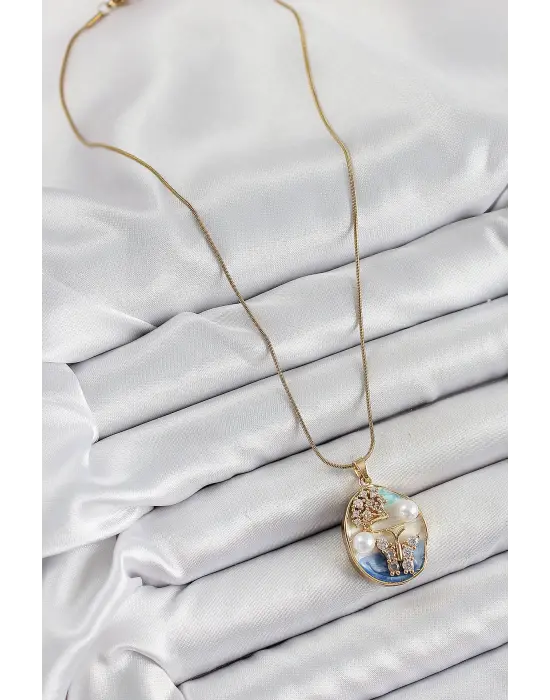 316L Çelik Zincir Zirkon Taşlı Mavi Beyaz Sanatsal Portre İnci Detaylı Ağaç Ve Kelebek Figürlü Model Gold Renk Kadın Kolye