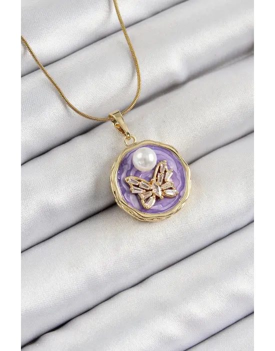 316L Çelik Zincir Zirkon Taşlı Mor Sanatsal Portre İnci Detaylı Kelebek Model Gold Renk Kadın Kolye