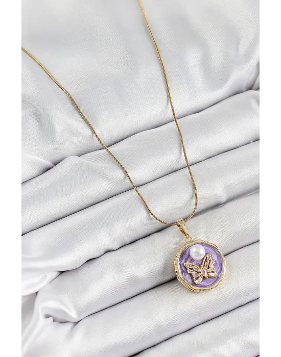 316L Çelik Zincir Zirkon Taşlı Mor Sanatsal Portre İnci Detaylı Kelebek Model Gold Renk Kadın Kolye