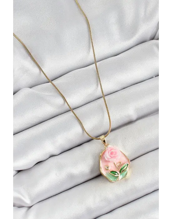 316L Çelik Zincir Zirkon Taşlı Pembe Sanatsal Portre Gül Figürlü Beşgen Model Gold Renk Kadın Kolye