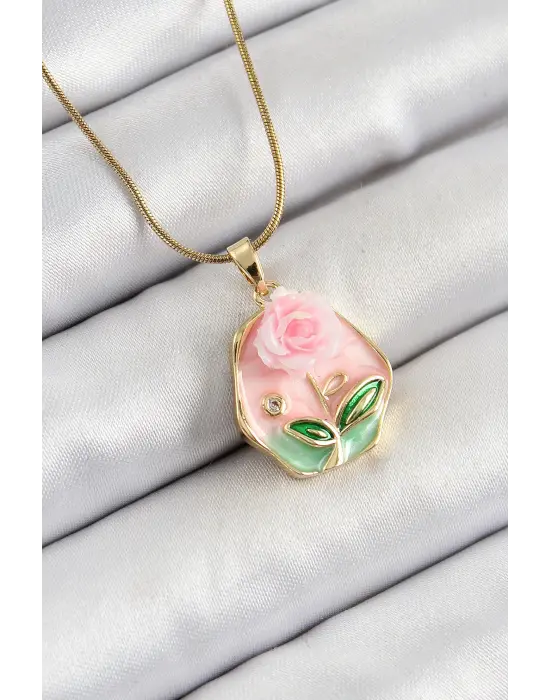 316L Çelik Zincir Zirkon Taşlı Pembe Sanatsal Portre Gül Figürlü Beşgen Model Gold Renk Kadın Kolye