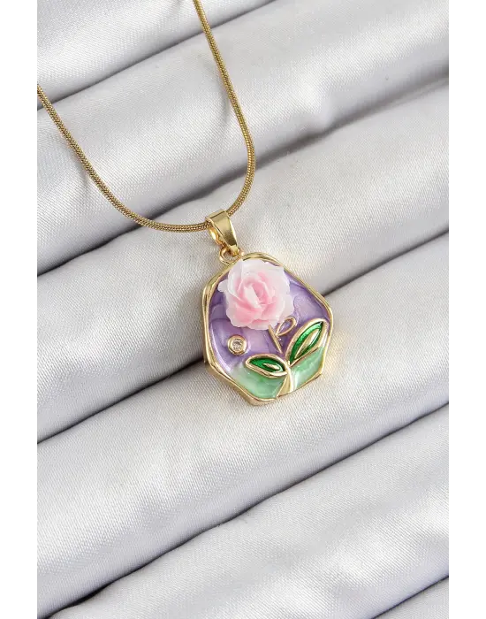 316L Çelik Zincir Zirkon Taşlı Pembe Ve Mor Sanatsal Portre Gül Figürlü Beşgen Model Gold Renk Kadın Kolye