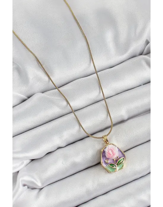 316L Çelik Zincir Zirkon Taşlı Pembe Ve Mor Sanatsal Portre Gül Figürlü Beşgen Model Gold Renk Kadın Kolye