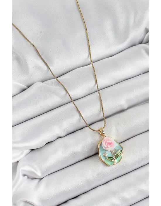 316L Çelik Zincir Zirkon Taşlı Pembe ve Yeşil Sanatsal Portre Gül Figürlü Beşgen Model Gold Renk Kadın Kolye