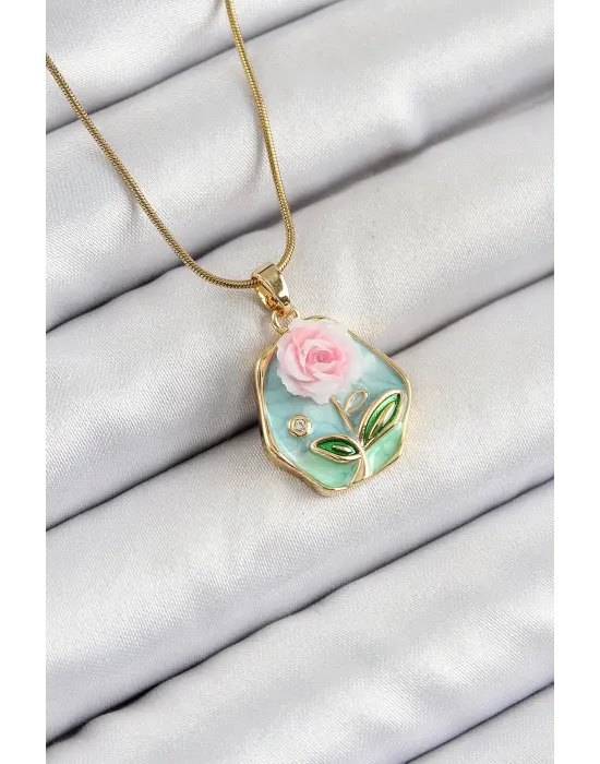 316L Çelik Zincir Zirkon Taşlı Pembe ve Yeşil Sanatsal Portre Gül Figürlü Beşgen Model Gold Renk Kadın Kolye