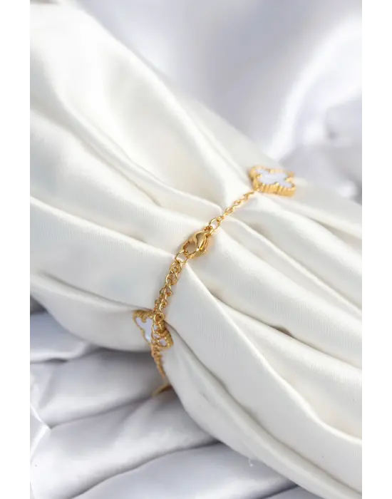 316L Çelik Zincir Zirkon Taşlı Yonca Beyaz Kadın Bileklik