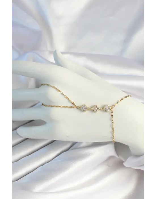 316L Çelik Zincirli Gold Renk Yonca Zirkon Taşlı Şahmeran