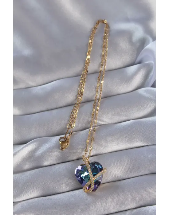  Zincirli Altın  Zirkon Taşlı Anna Kalp Çelik Kolye