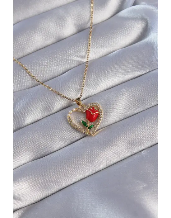  Zincirli Altın  Zirkon Taşlı Kalp İçinde Kırmızı Gül Tasarımlı Çelik Kolye