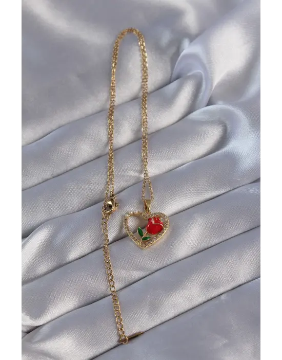  Zincirli Altın  Zirkon Taşlı Kalp İçinde Kırmızı Gül Tasarımlı Çelik Kolye