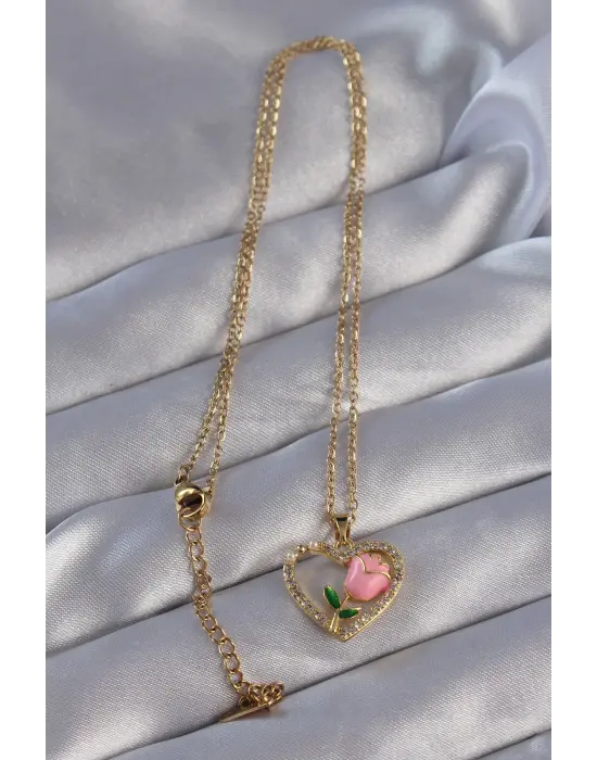  Zincirli Altın  Zirkon Taşlı Kalp İçinde Pembe Gül Tasarımlı Çelik Kolye