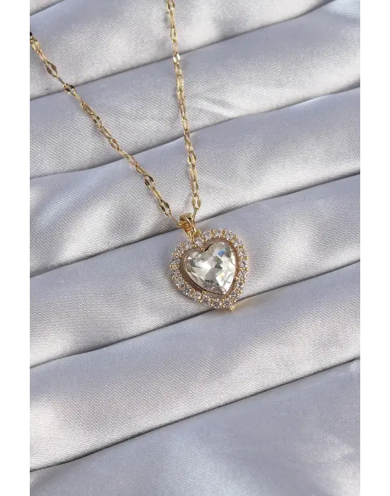 Zincirli Altın  Zirkon Taşlı Kalp Çelik Kolye