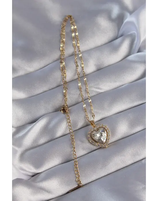  Zincirli Altın  Zirkon Taşlı Kalp Çelik Kolye