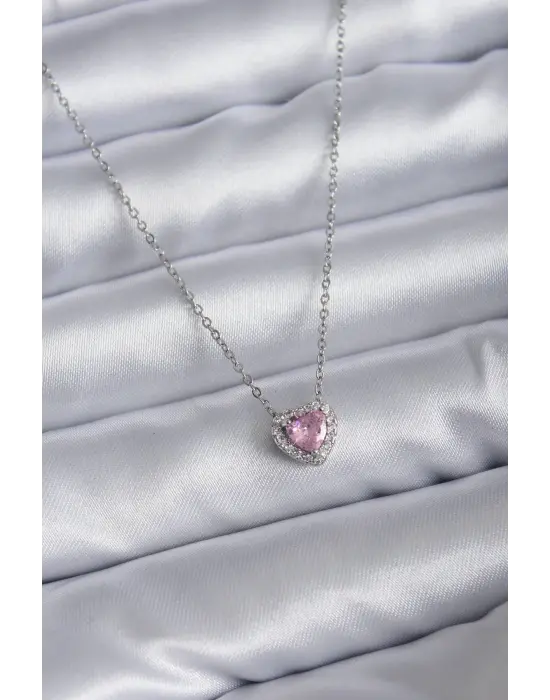  Zincirli Gümüş  Pembe Zirkon Taşlı Charm  Çelik Kolye