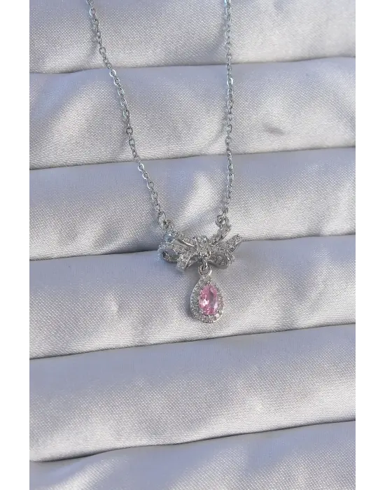  Zincirli Gümüş  Pembe Zirkon Taşlı Damla Detay Fiyonk Model Çelik Kolye