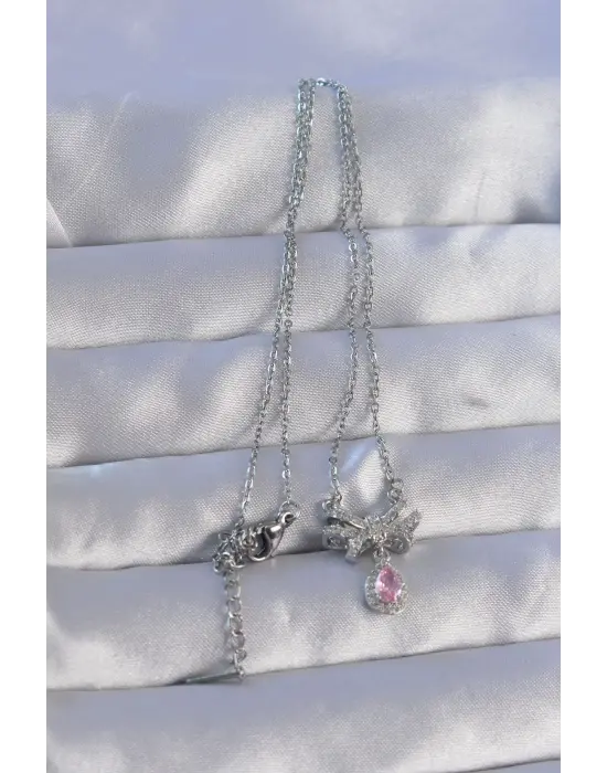  Zincirli Gümüş  Pembe Zirkon Taşlı Damla Detay Fiyonk Model Çelik Kolye