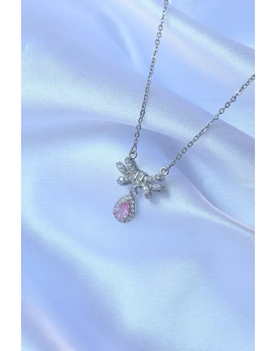  Zincirli Gümüş  Pembe Zirkon Taşlı Damla Detay Fiyonk Model Çelik Kolye