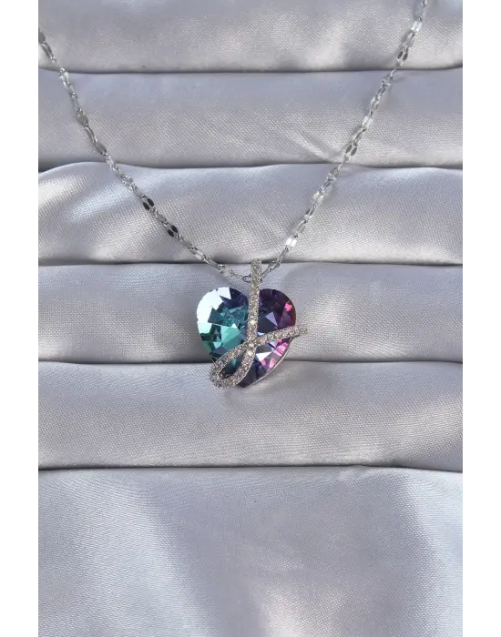  Zincirli Gümüş  Zirkon Taşlı Anna Kalp Çelik Kolye