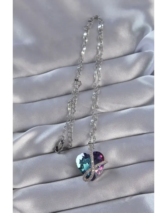  Zincirli Gümüş  Zirkon Taşlı Anna Kalp Çelik Kolye