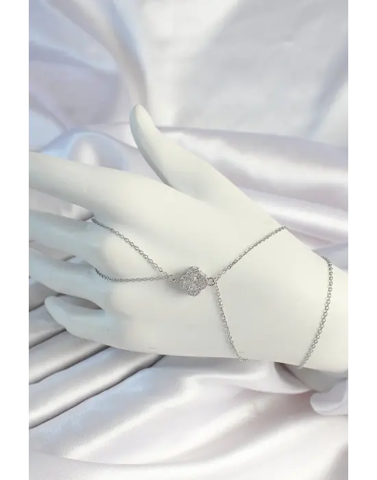 316L Çelik Zincirli Gümüş Renk Zirkon Taşlı Yonca Şahmeran