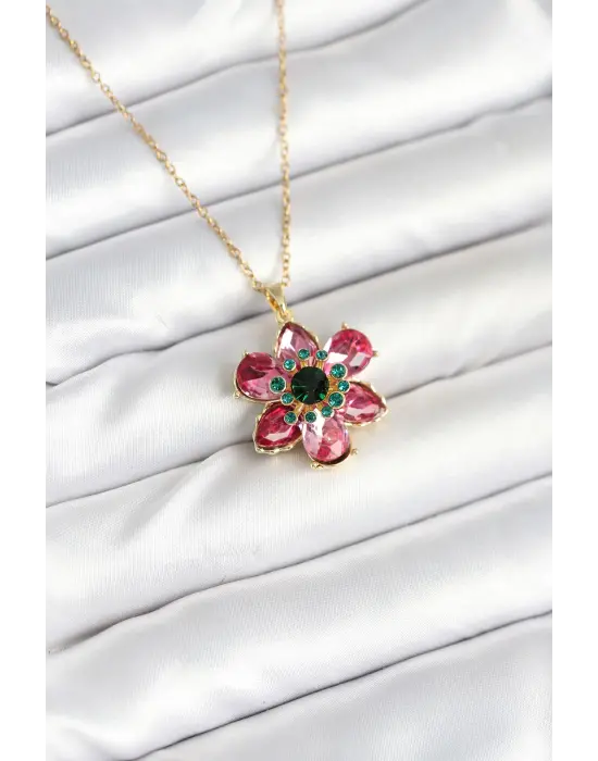 316L Çelik Zincirli Pembe Çiçek Model Kadın Kolye