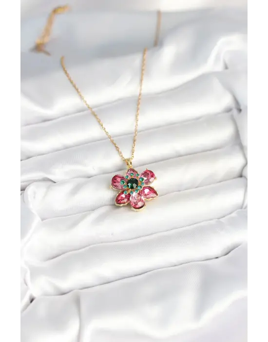 316L Çelik Zincirli Pembe Çiçek Model Kadın Kolye