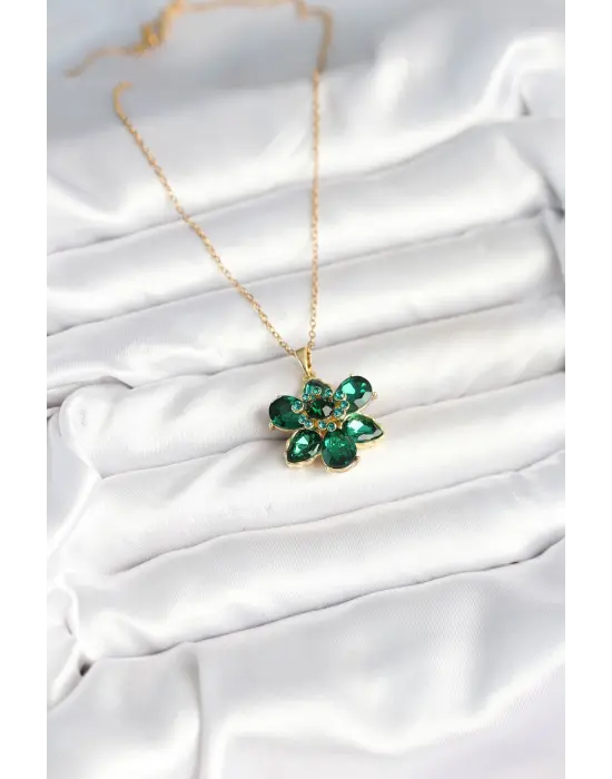 316L Çelik Zincirli Yeşil Çiçek Model Kadın Kolye