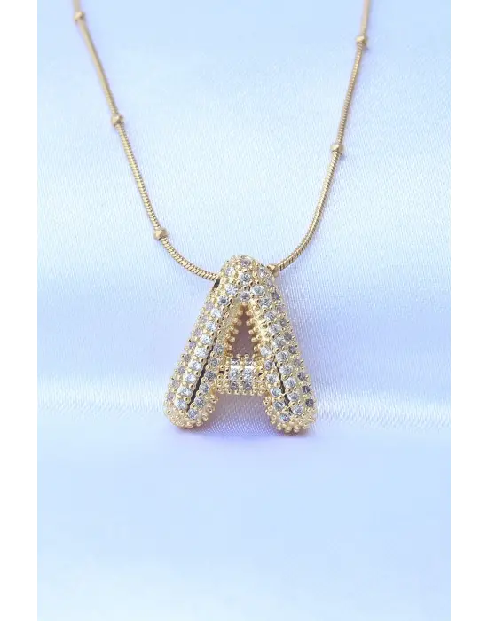  Zincirli Zirkon Taşlı A Harfli Altın  Bubble Çelik Kolye