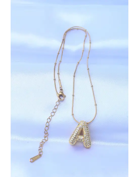  Zincirli Zirkon Taşlı A Harfli Altın  Bubble Çelik Kolye