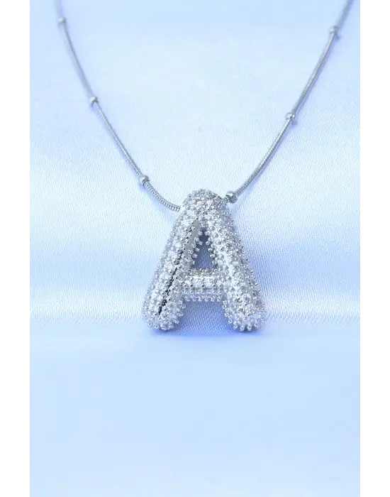  Zincirli Zirkon Taşlı A Harfli Gümüş  Bubble Çelik Kolye