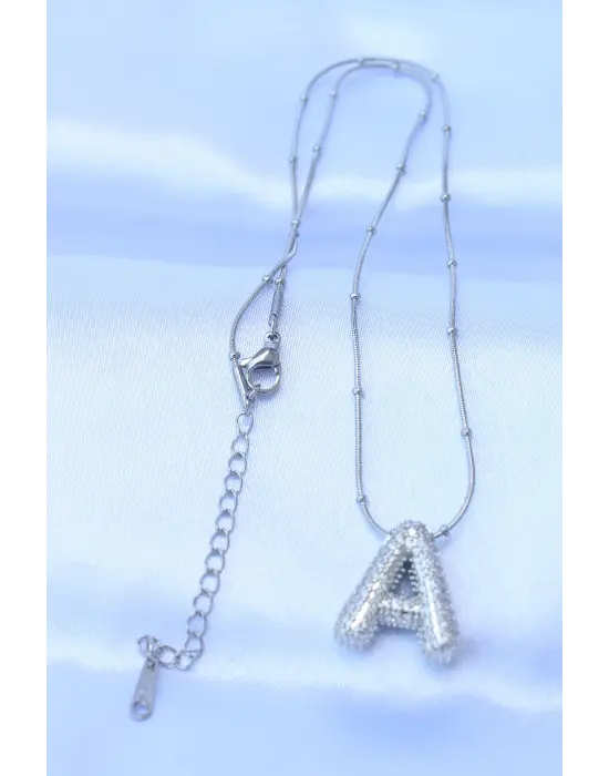  Zincirli Zirkon Taşlı A Harfli Gümüş  Bubble Çelik Kolye