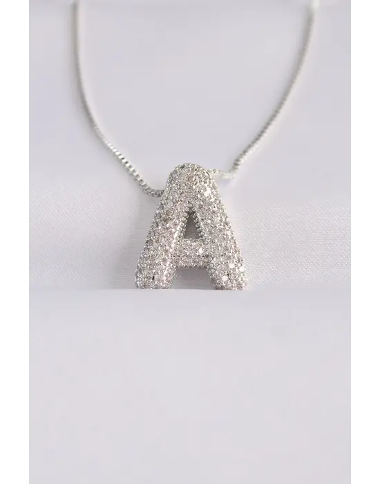  Zincirli Zirkon Taşlı A Harfli Silver  Bubble Çelik Kolye