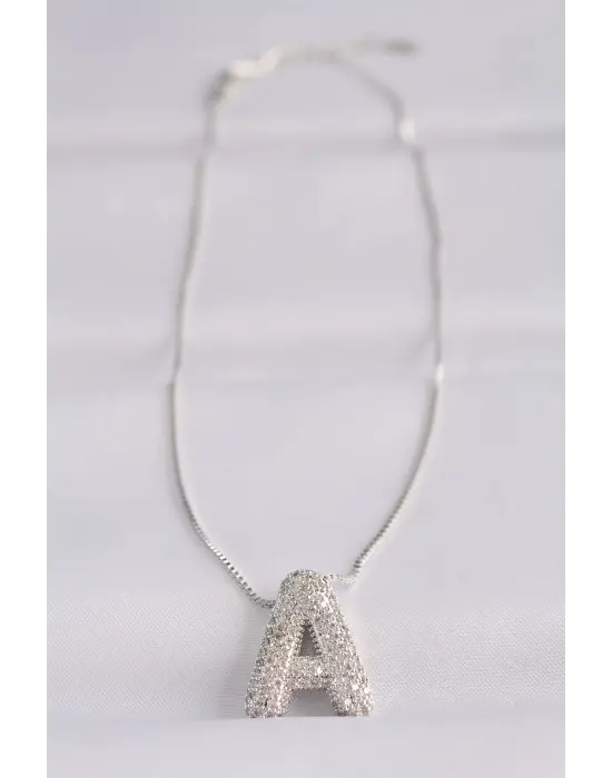  Zincirli Zirkon Taşlı A Harfli Silver  Bubble Çelik Kolye