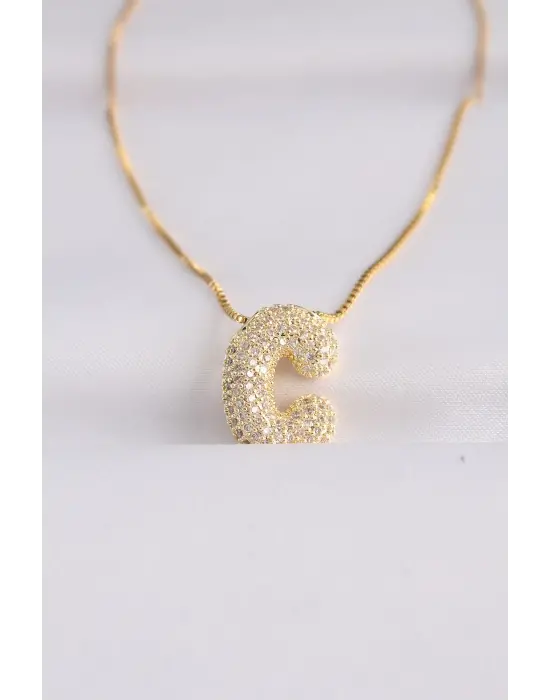  Zincirli Zirkon Taşlı C Harfli Altın  Bubble Çelik Kolye