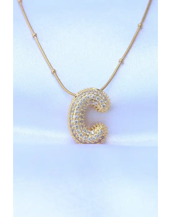  Zincirli Zirkon Taşlı C Harfli Altın  Bubble Çelik Kolye