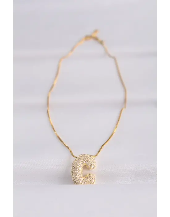  Zincirli Zirkon Taşlı C Harfli Altın  Bubble Çelik Kolye